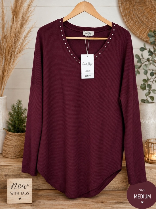 Charlie Paige Tops - Charlie Paige Wine V-Neck Long Sleeve Top with Stud Trim